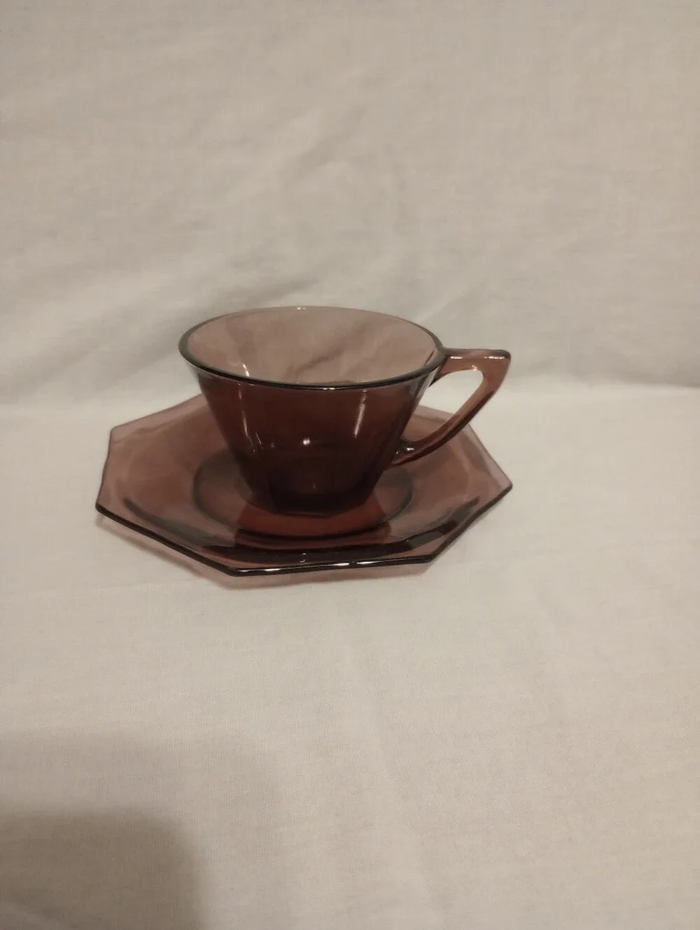 Hazel Atlas Moroccan Amethyst Octagonal Glass Cup & Saucer Sets-Set Of 2